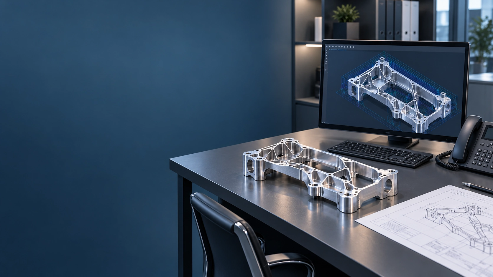 CAD/CAM 办公桌上的铝制零件、显示器和电话
